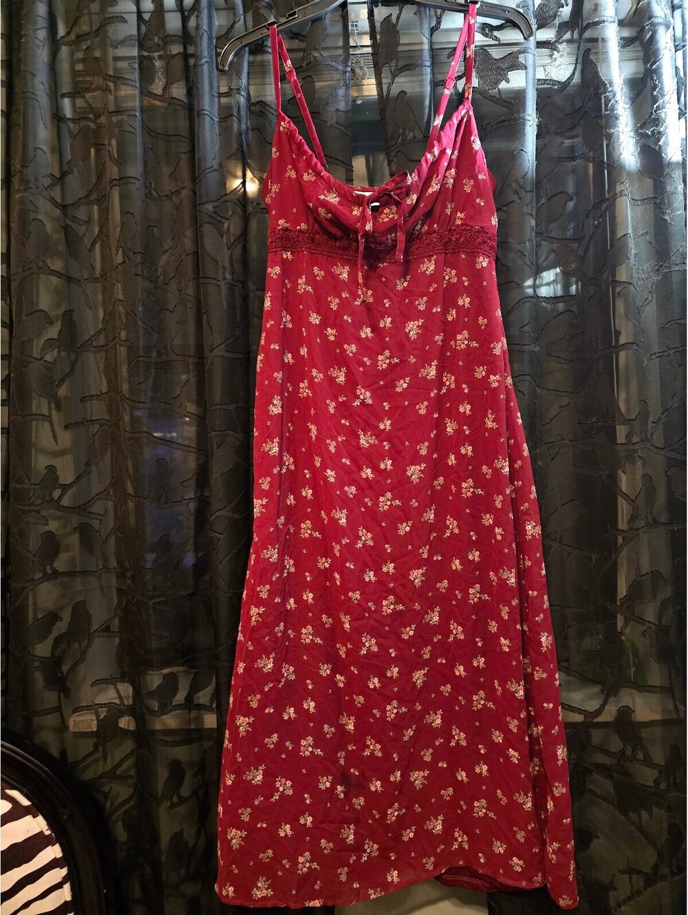 Vintage 90s / Y2K Red Ditsy Floral Milkmaid Maxi Dress with Lace Trim & Tie Bust